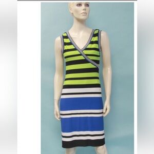 Joseph Ribkoff size 16 Lime, Blue, Black & White Striped Dress NWT